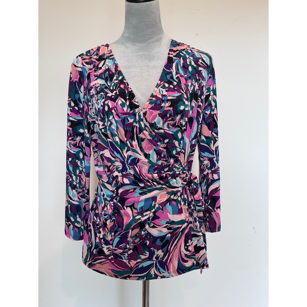 Jaclyn Smith Floral Wrap Top Purple Teal V-Neck Long Sleeve Medium NWT